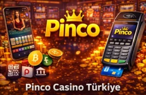 Pinco Casino Türkiye görseli, canlı casino, mobil oyun ve hızlı ödeme yöntemleri ikonları